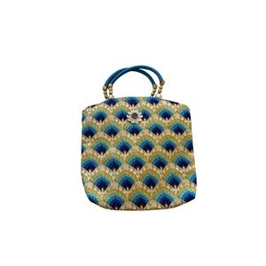 Vintage Peacock Tapestry Handbag Turquoise Blue Gold Rhinestone Top Handle